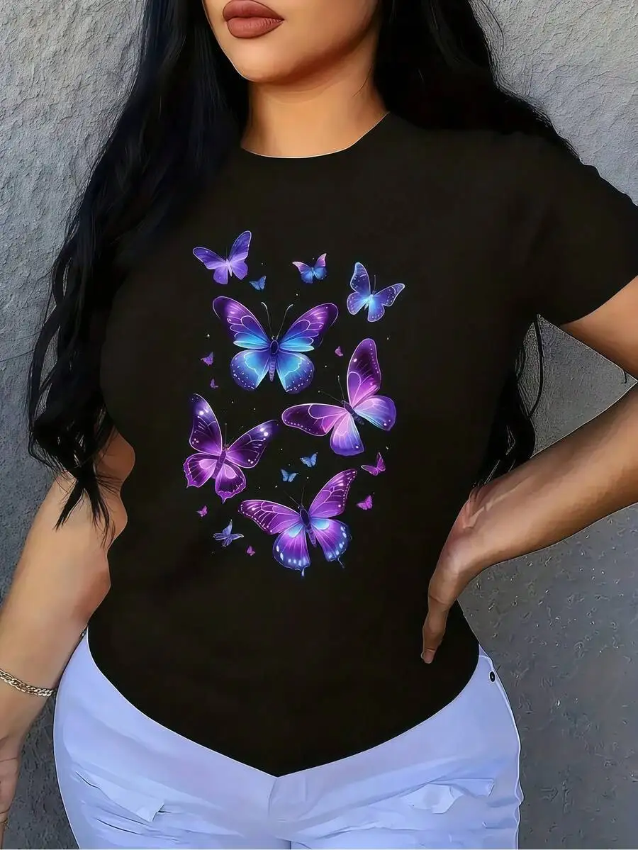 2026 Fashion New Women Crew Neck Short Sleeve Black T Shirt Colorful Butterfly Pattern Print Unisex Lightweight Knit Fabric Daily Casual Basic Top Tee
