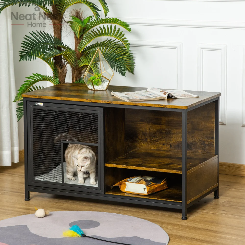 

Cat Kennel,Furniture Style Dog Cage, Wood & Steel End Table Pet House with Cushion and Sliding Doors, Rustic Brown,Storage space