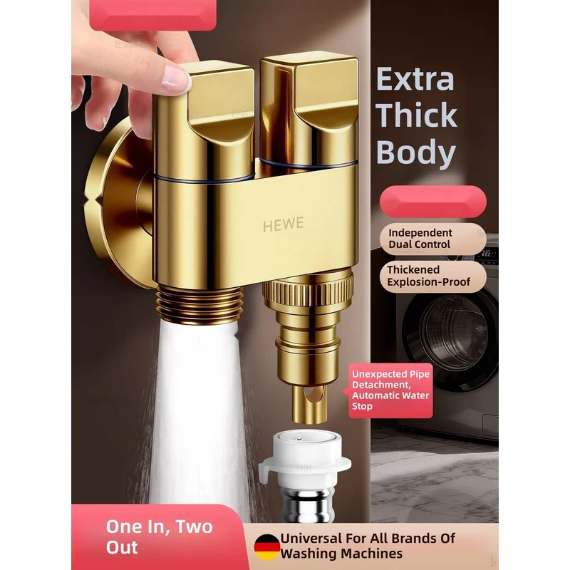 Washing machine faucet with one inlet and two outlets, angle valve for household use, dual-outlet automatic shut-off valve, o...