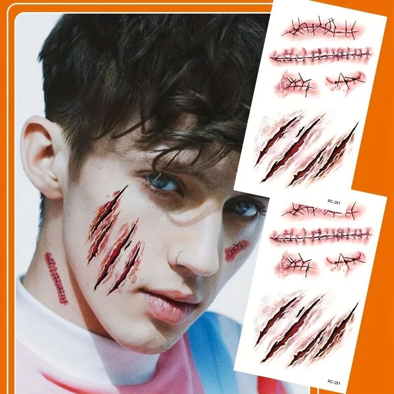 5/10 Stück 3D Fake Narben-Tattoo-Aufkleber Halloween Krusten Blutiges Make-up Körper Gesicht Realistische Wunde Gruseliger Aufkleber Scherzartikel Party-Deko – Detail 9