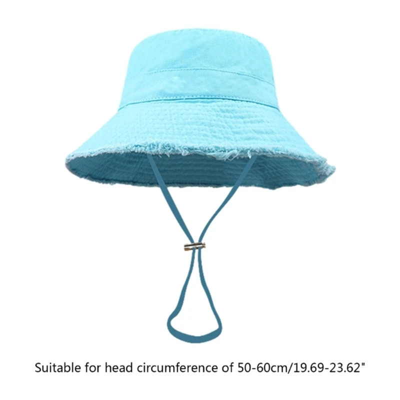 50JB Adult Frayed Bucket Hat Anti-Uv Wide Brim Hat with Adjustable Chin Rope