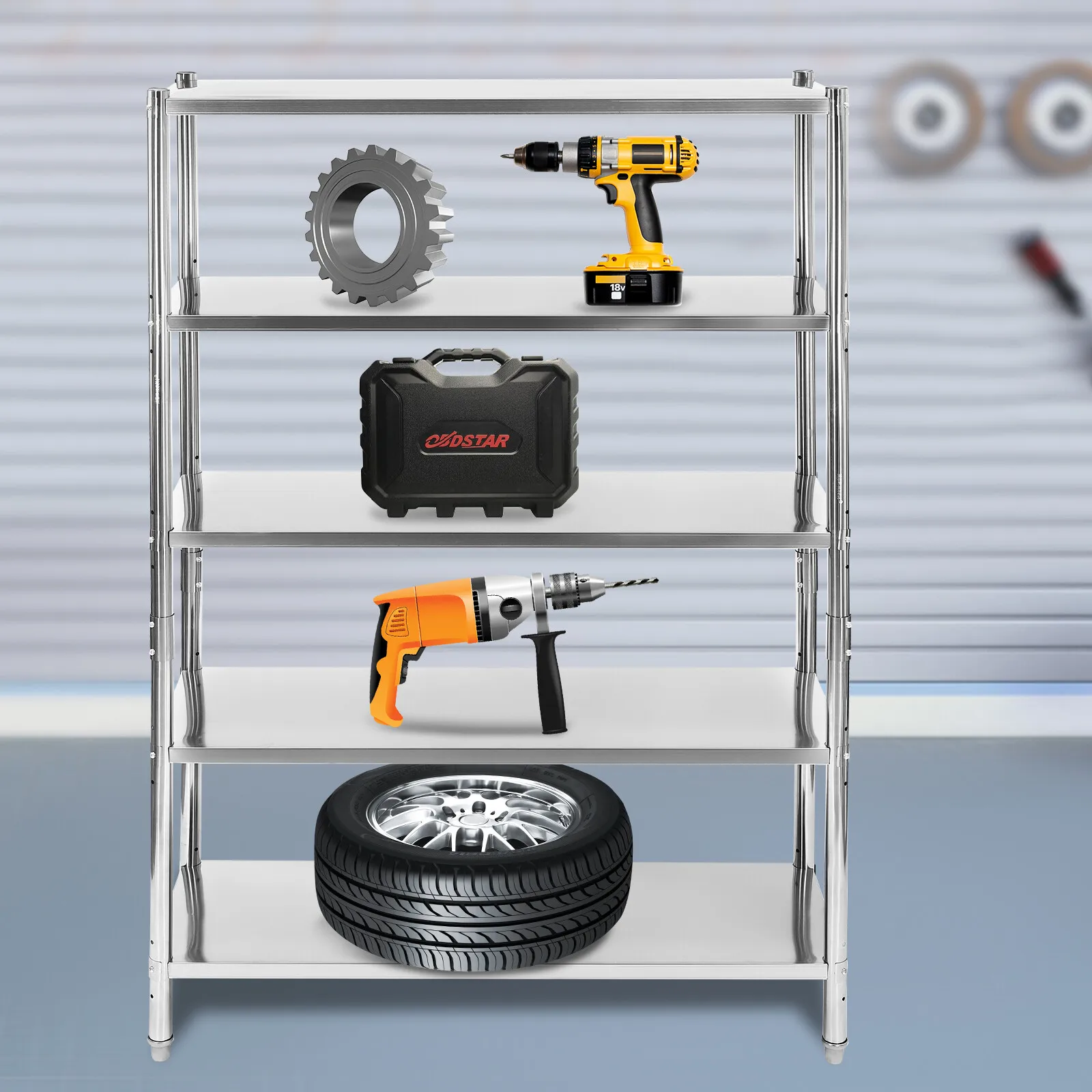 رفوف شديدة التحمل مكونة من 5 طبقات مقاس 47.2 بوصة عرض × 17.7 بوصة عمق × 70.9 بوصة ارتفاع - رف تخزين من الفولاذ المقاوم للصدأ بسعة 661 رطل للمستودعات والمرآب