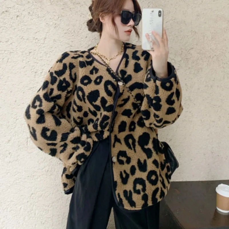 Giacche Donna Morbida Autunno Inverno Leopardo Lana d'agnello Caldo Baggy Chic Fresco High Street Monopetto Casual Scollo a V Vestibilità semplice