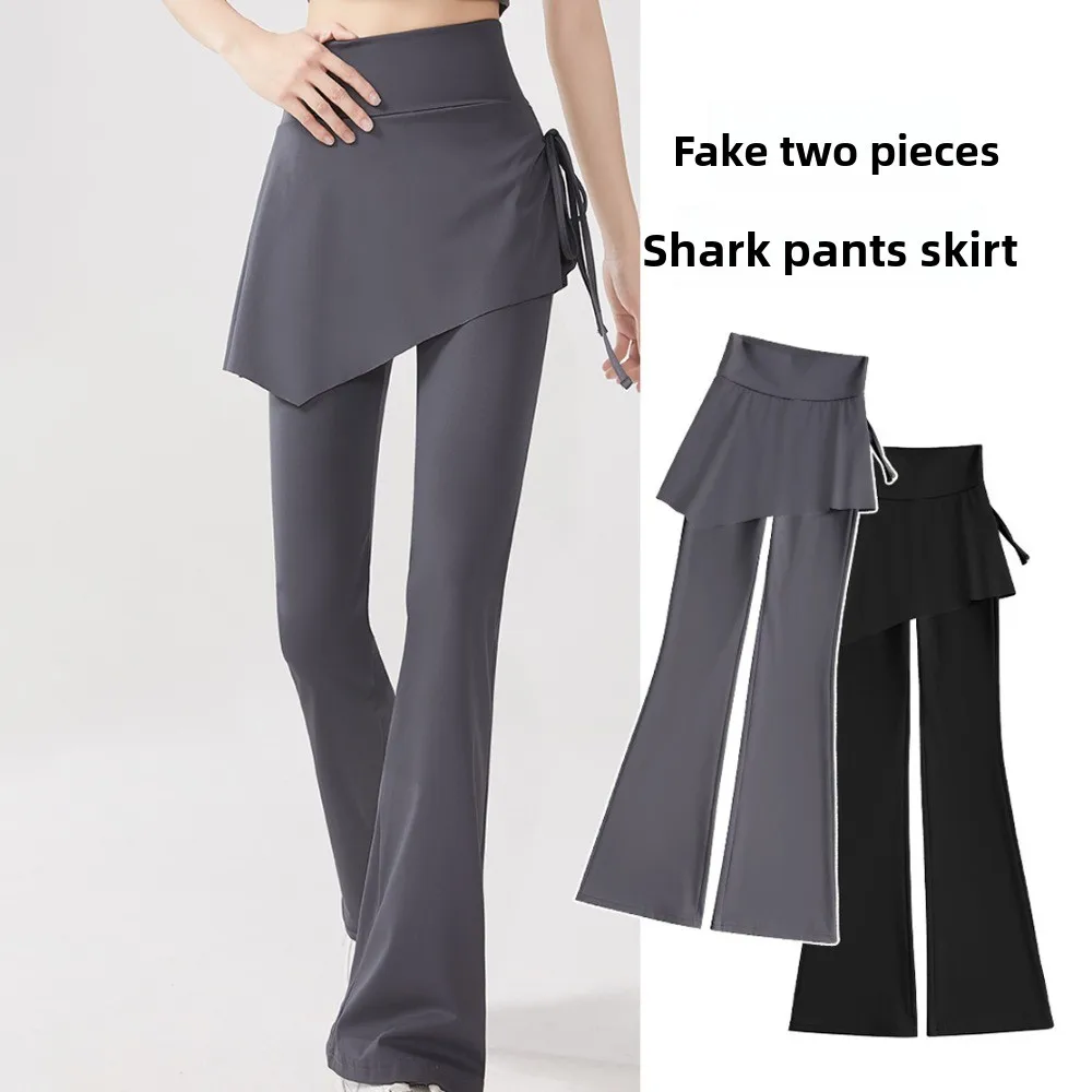 Sculpting Leggings Skirt Design Fitness Leggings 2 in 1 Flare Hem Sports Leggings Drawstring Tight Sports Yoga Pants Exercise