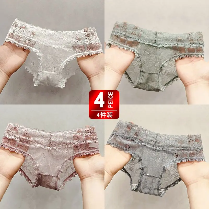 4 Lace Underwear Ladies Sexy Breathable Atmosphere Pure Desire Low Waist Triangle Transparent Shorts Head Girly Style Comfort