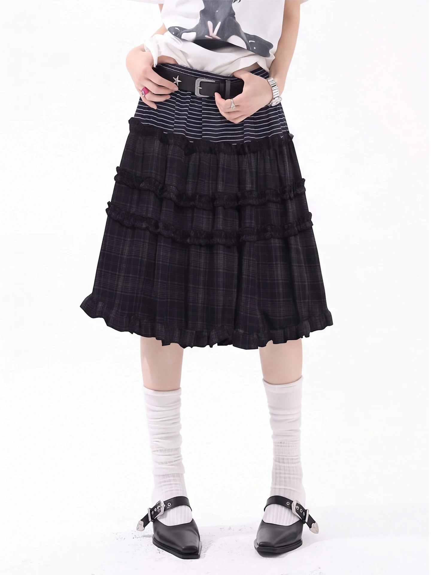 Casual Style Multi-Layer Cake Skirt Women's Elastic Waist Slimming Half Skirt Wood Grain  Design College Style Skirts