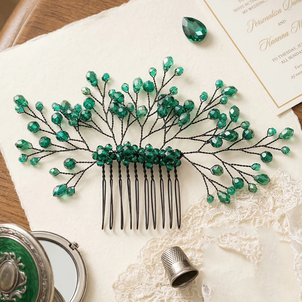 Emerald Green Crystal Bridal Hair Comb Vintage Branch Hair Piece for Wedding Bridesmaid Prom Hairstyle Boho Women's Headpiec