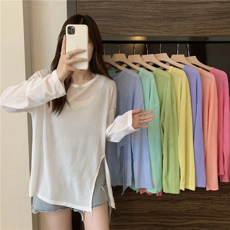 Thin Slightly See-through Slit Sunscreen Long-sleeved T-shirt for Women Summer Candy Color Loose Blouse Women's Clothing Offers