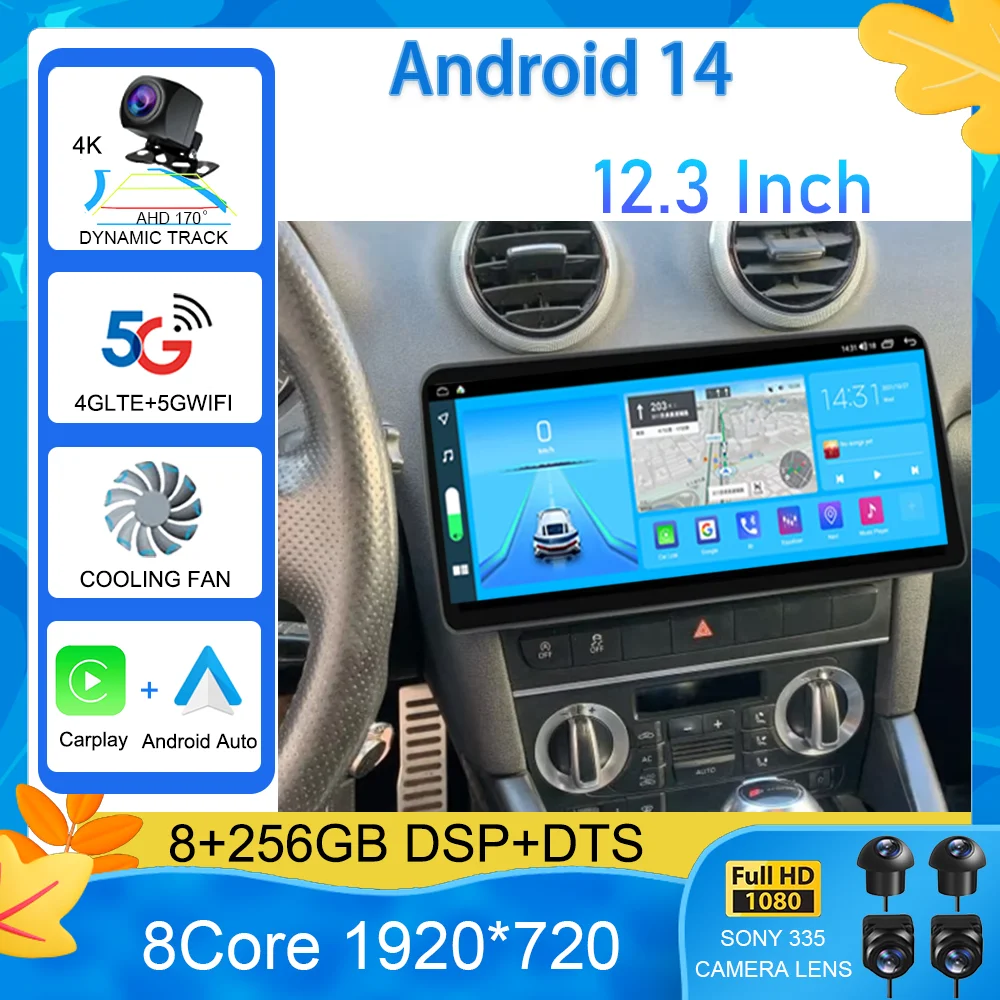 

12.3 inch For Audi A3 8P 2003 - 2013 RS3 Sportback 2011 Octa WiFi Car Stereo Audio Core Autoradio with DSP Carplay Auto 2din