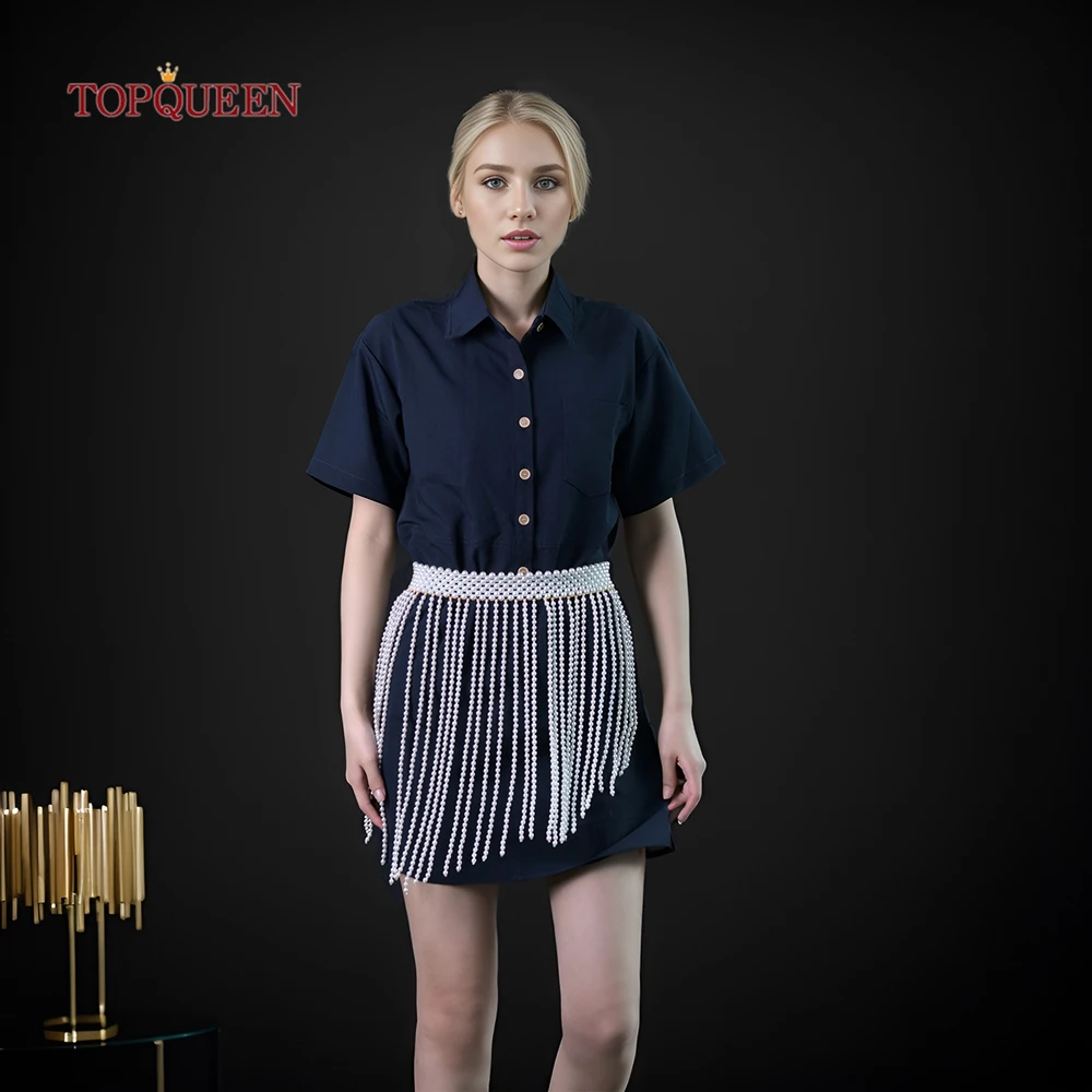 TOPQUEEN Pearl Fringe Style Women's Skirt Short High Waisted Belly Button Chain Sexy Body Accessories Pearl Belt Accessories G97