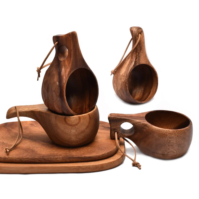 Portable Coffee Mug with Acacia-Wood Handle, Cowhide Rope Hook, Juice Milk Cup, Drinking Cup, Drinkware Mugs, Kuksa