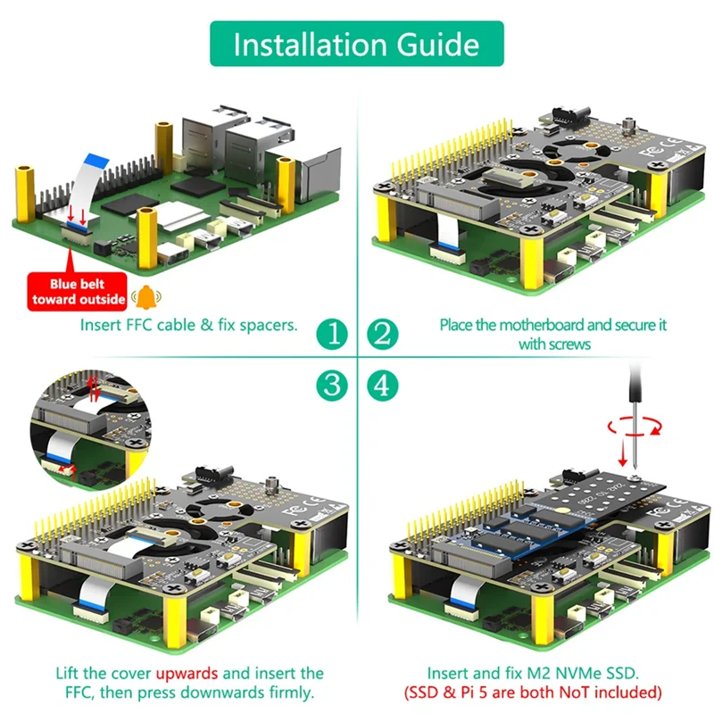 

AM-3 In 1 M.2 Nvme SSD To Pcie Adapter With Dual Cooler Fans And Automatic Discoloration LED For Raspberry Pi 5