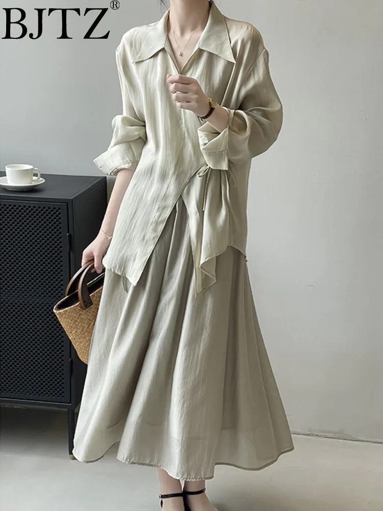 

BJTZ Summer Thin Lace Up Shirt Skirt Two-piece Set For Women 2025 New Trendy Fashion Casual Long Sleeve Blouse+loose Skirts Set