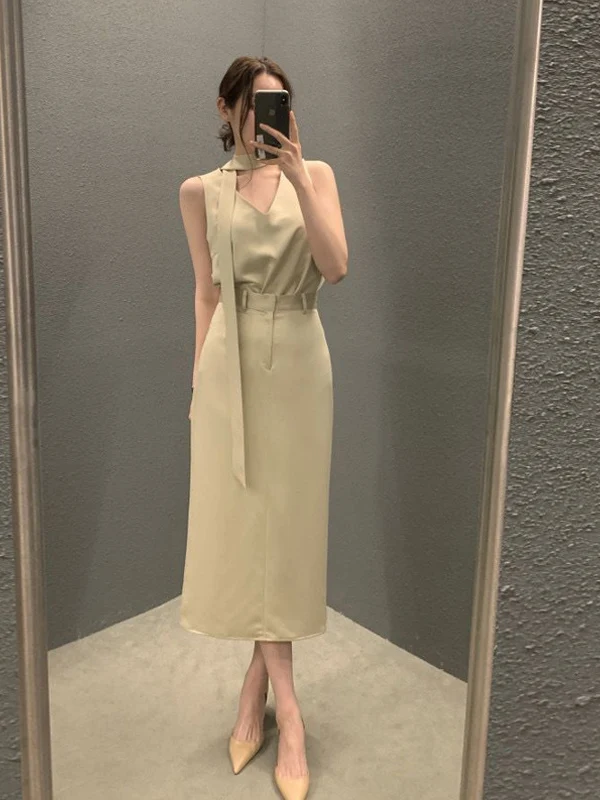 

Korean Style Simple Elegance V-Neck Sash Sleeveless High Waist Slimming Wrap Body Skirt Summer Set Women's Fashion Ensemble