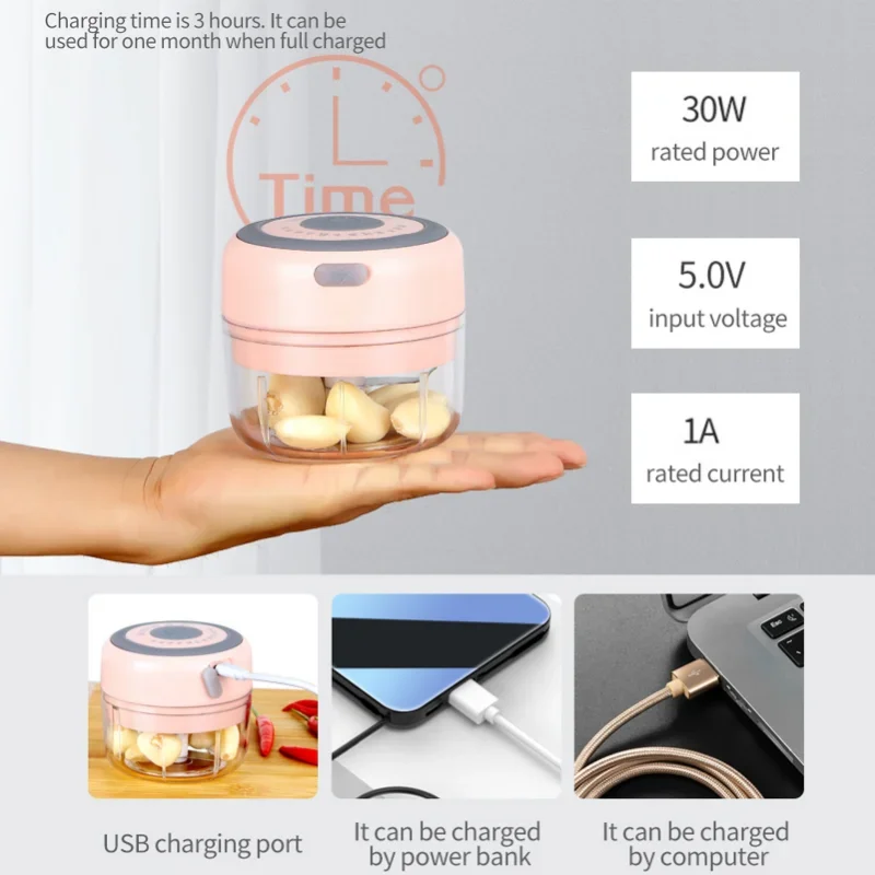 100ML Mini Garlic Grinder Electric Garlic Chopper Cordless Food Fruit Vegetable Blender Kitchen Gadgets USB Rechargeable