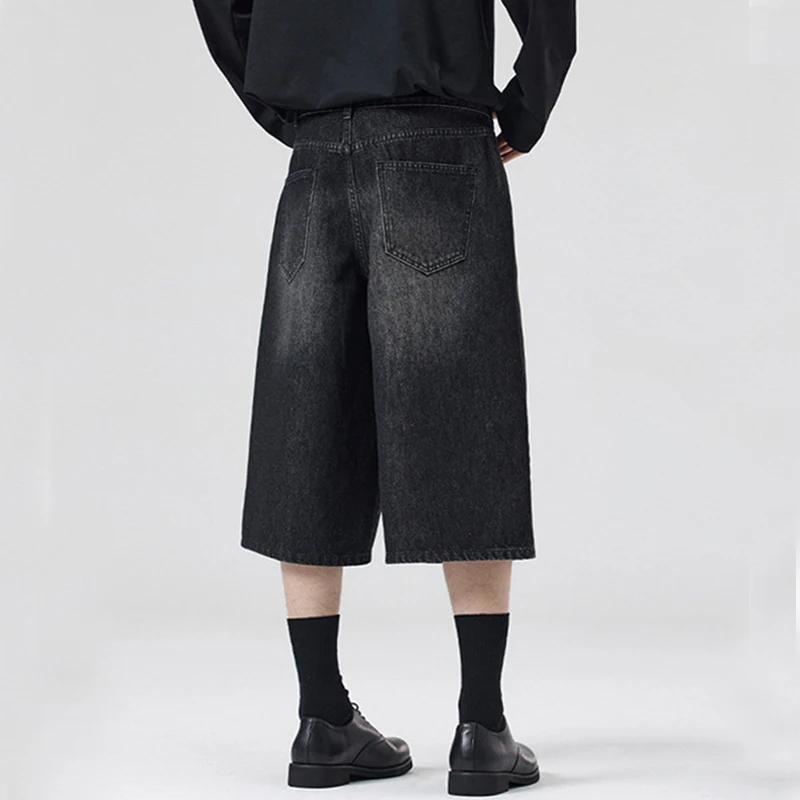 NEW Korean Style Vintage Men's Jeans Summer Loose Male Wide Leg Knee Length Shorts New Washed Fashion Short Denim Pants