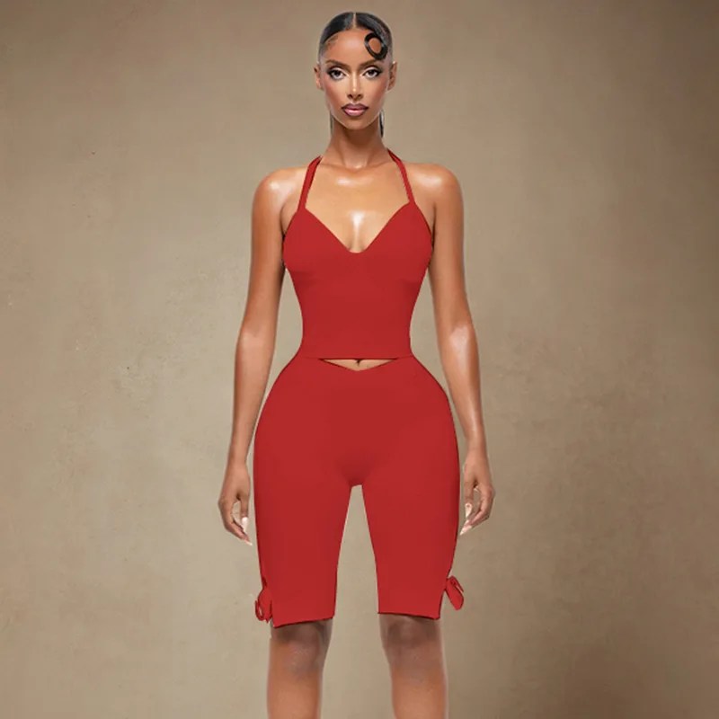 

Women's Summer Causal Halter Tie Backless Tube Top Set Bow Hem Solid Color 2 Piece Outfits