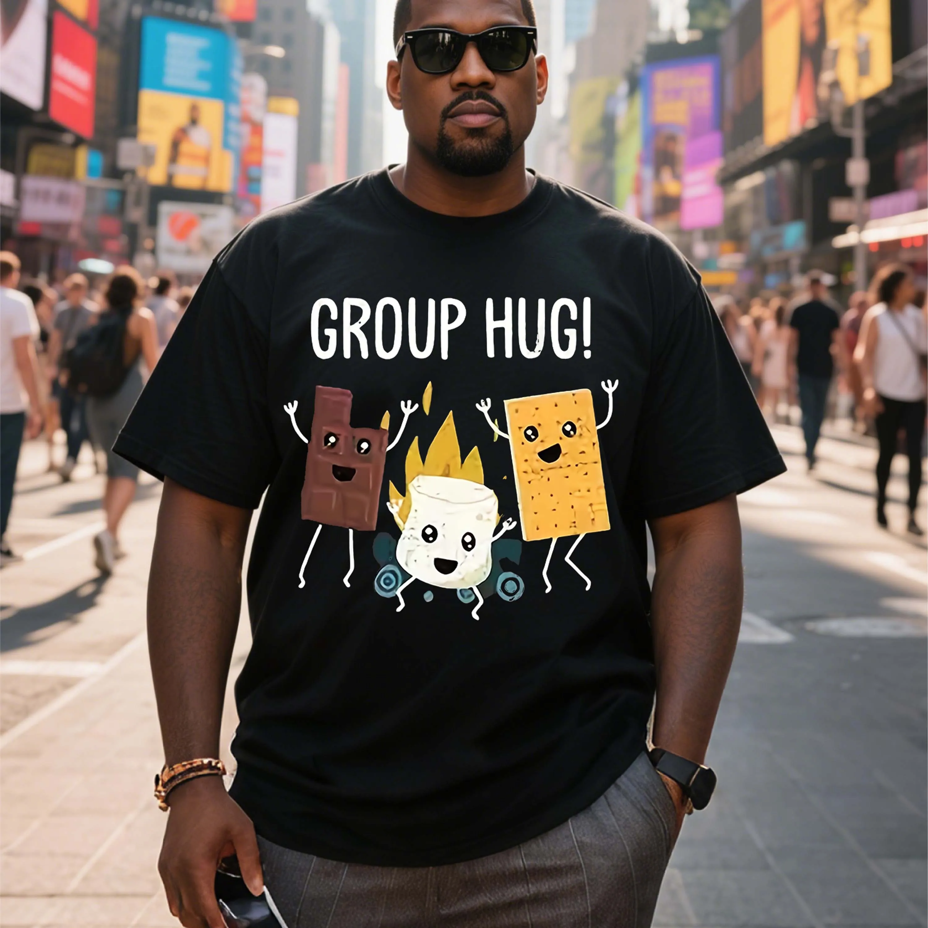 Plus Size Black Short Sleeve T-Shirt With“Group Hug” Cartoon Pattern Suitable for Outdoor Leisure Wear in Summer