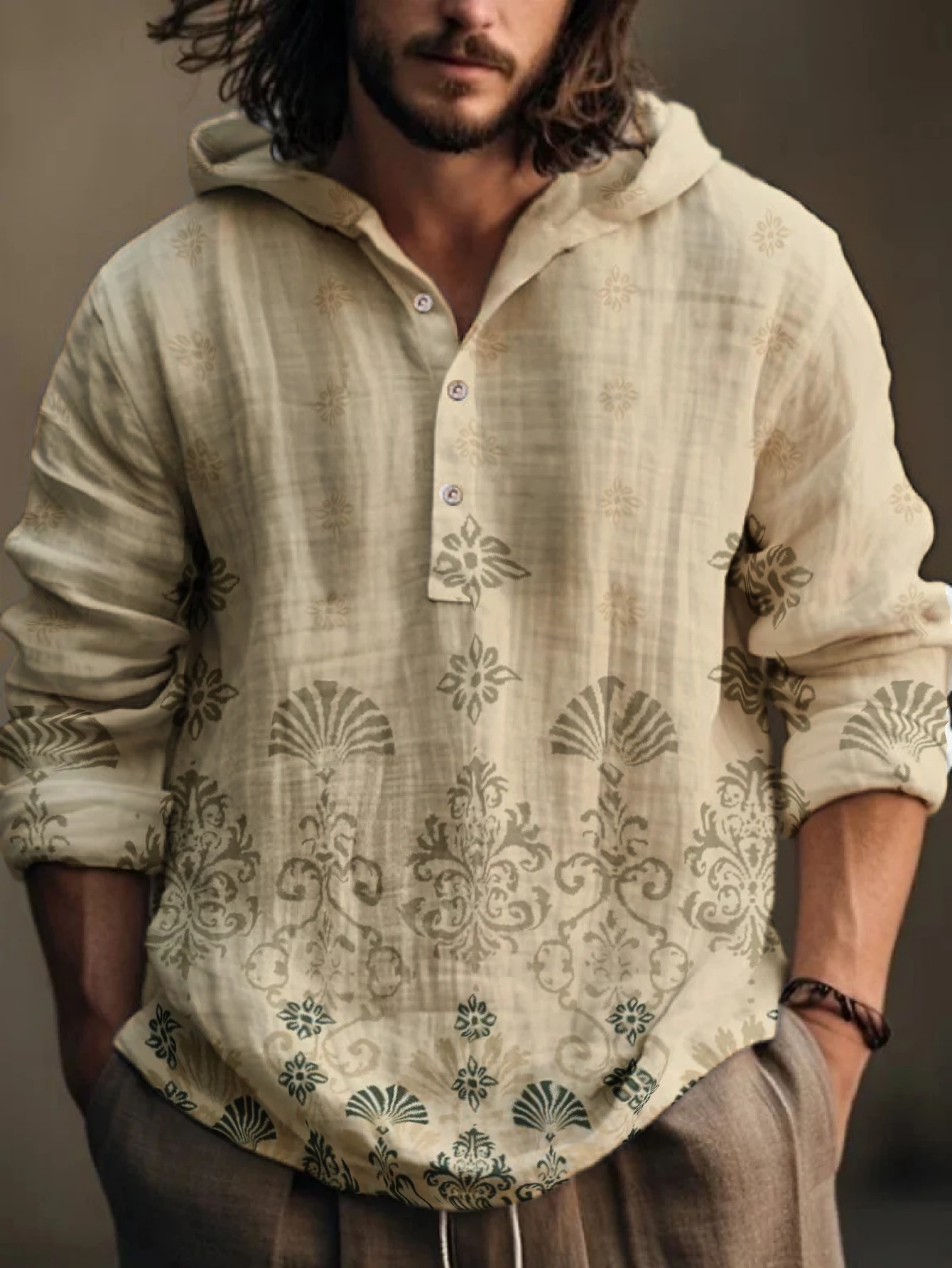 Men Retro Baroque Floral Shell Pattern Hooded Henley Shirt Long Sleeve Half Button Loose Casual Daily Wear Shirts