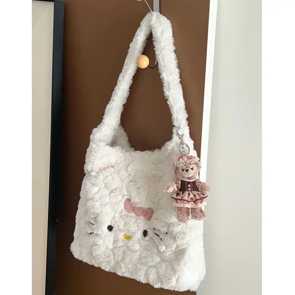 Miniso Sanrio Hellokitty tas bahu tunggal wanita, tas Tote kapasitas besar berbulu mewah lucu musim gugur dan musim dingin