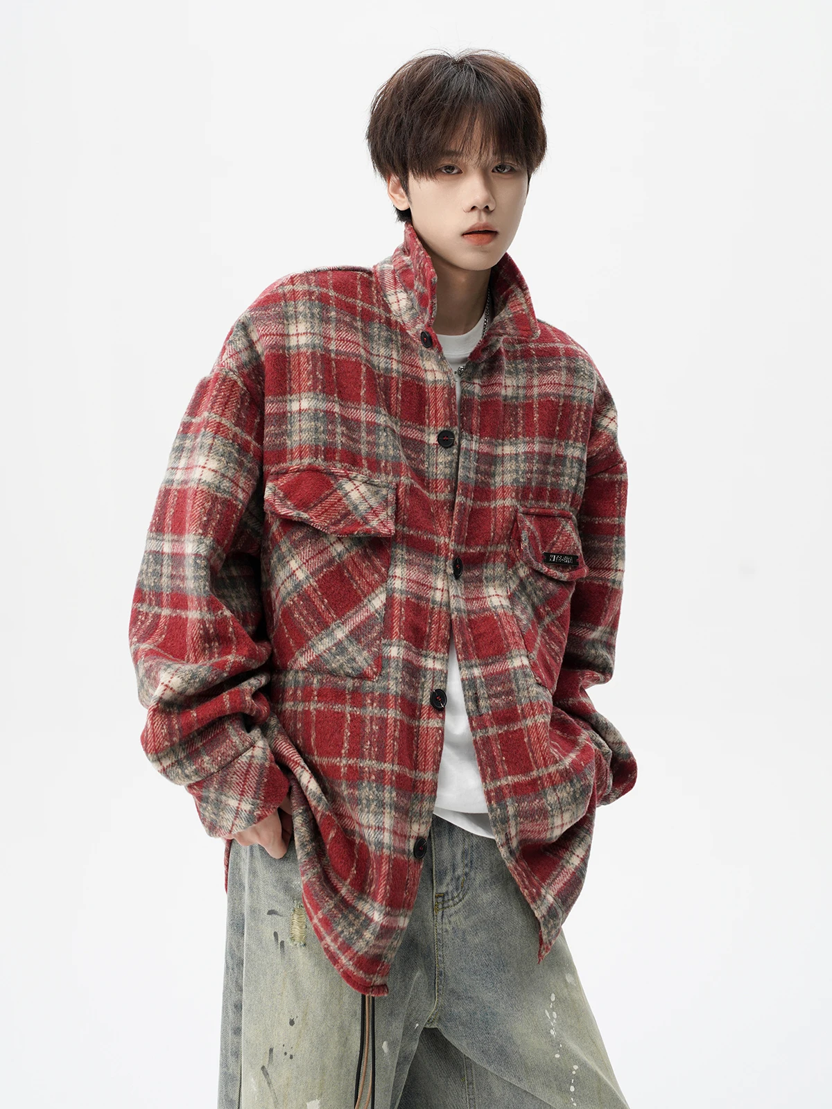 2025 Spring and Autumn Men's Japanese Style Plaid Long Sleeve Black Shirt High Street Loose Casual Versatile Red Shirt