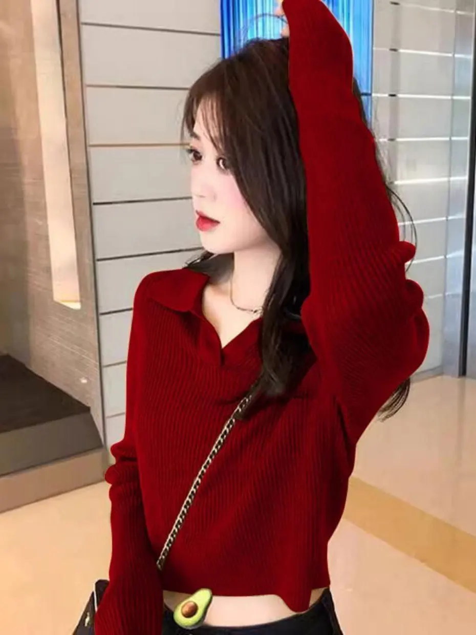 

Elegant V-Neck Red Knitted Top Women's Fashion New Year's Base Layer Shirt Ultra-Cute T-Shirt Polyester Fiber Long Sleeve