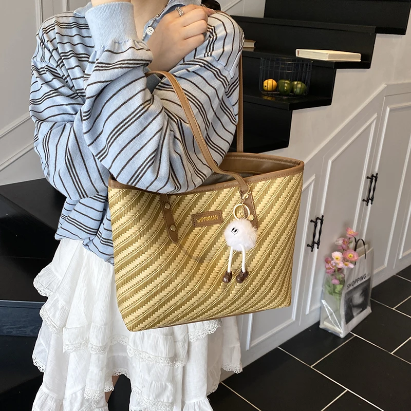 

Women's New Fashion Trend Large Capacity PU Leather Single Shoulder Tote Bag Simple Casual Versatile Striped Storage Bags