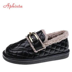 Aphixta New Winter Warm Women Falts Loafers Gold Buckle 2cm Flat Heel Beige Black Warm Furry Slip-on Shoes Woman Short Boots