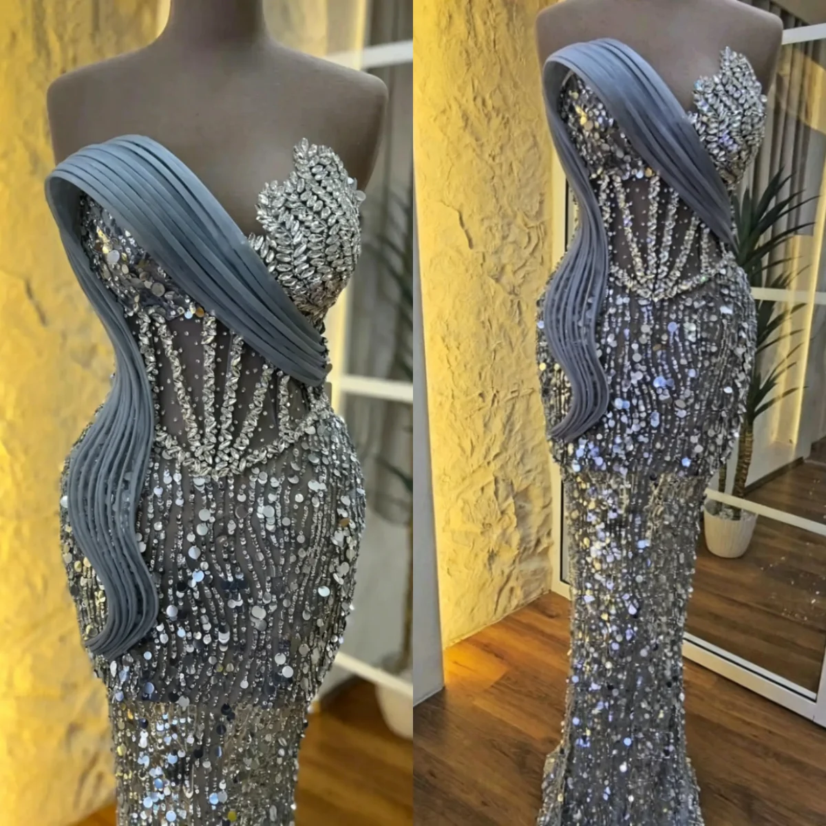 

Glamorous Sequins Evening Dresses Sleeveless Floor Length Mermaid Prom Gowns Crystals Vestidos De Noche Customized