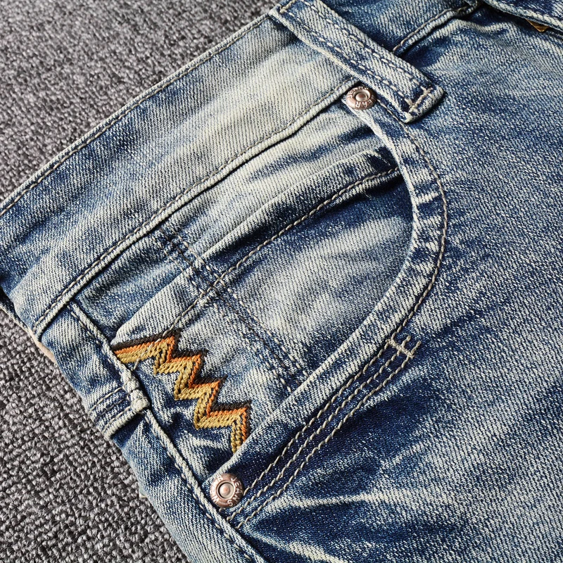 Fashion Designer Men Jeans Retro Washed Gray Blue Elastic Stretch Slim Ripped Jeans Men Embroidery Vintage Denim Pants Hombre