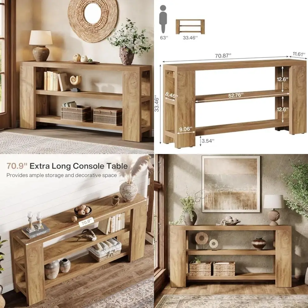 Extra Long 70.9-Inch Console Table with Storage, Narrow Wooden Sofa Table, 3-Tier Farmhouse Entry Furniture