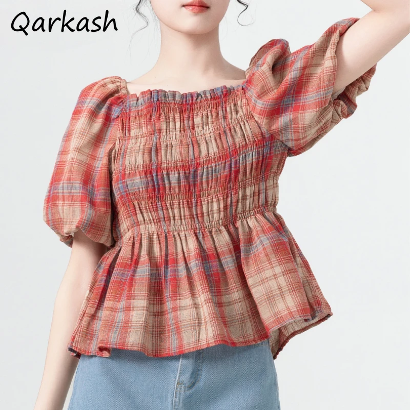 

Sweet Plaid Blouse Women Stretchy Retro Lace Up Korean Style Puff Sleeve Square Collar Summer Classical Harajuku Young Kawaii