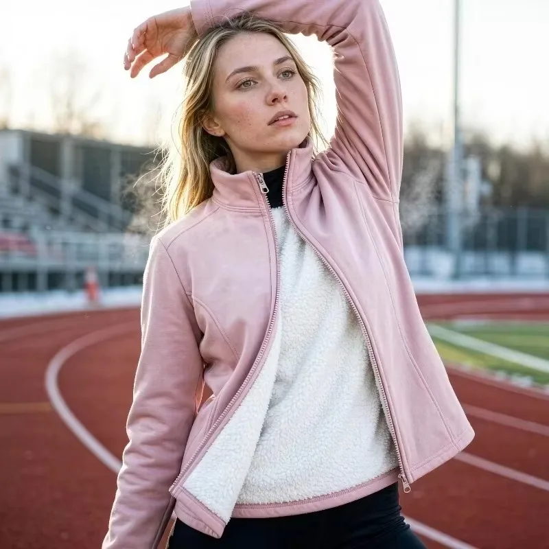 Women Fleece Lined Slim Fit Yoga Jacket Stand Collar Thickened Zipper Short Coat Warm Fitness Outerwear Autumn Winter Activewear