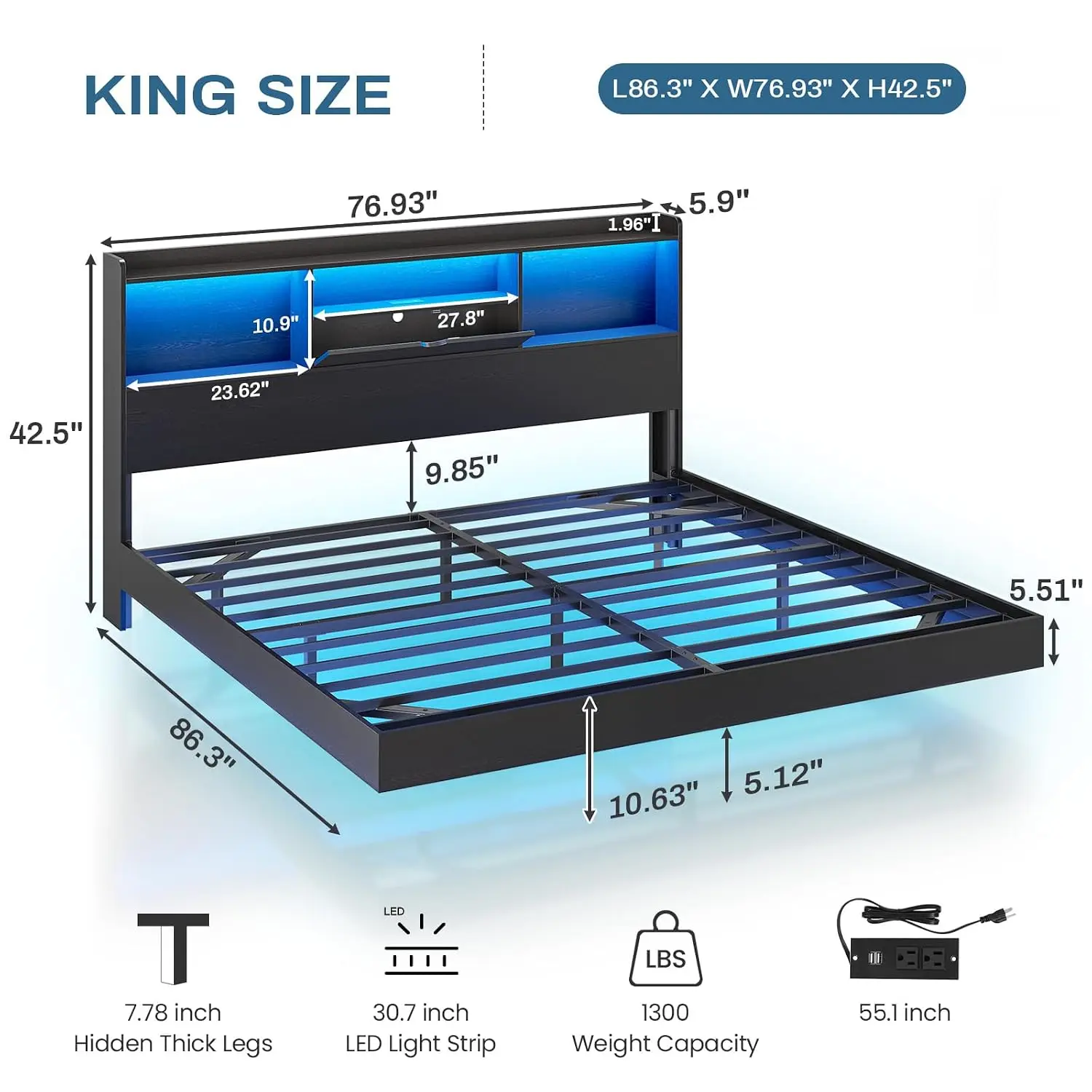 King Floating Bed Frame with LED Lights and Storage Headboard, Visual Floating Bed with Charing Station, King Size, Customized
