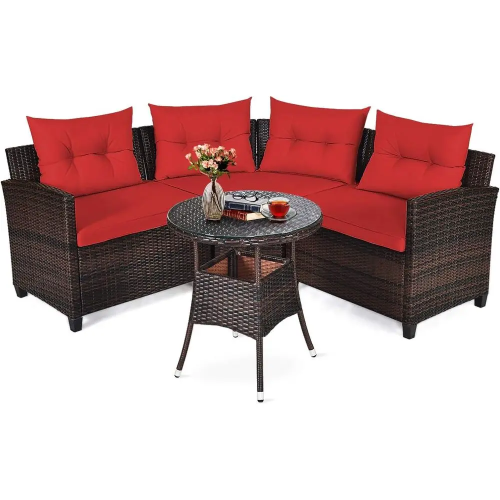 

Red 4-Piece Outdoor Wicker Sectional Sofa Set with Cushions and Glass Coffee Table for Patio, Garden, Poolside, or Balcony