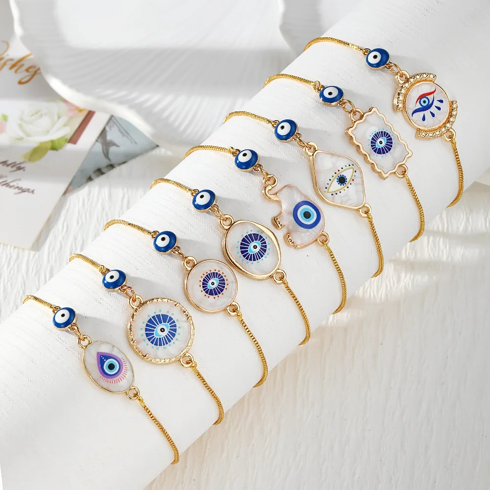 Cross border Geometry Blue Eye Bracelet Copper Bracelet, Pull Adjustable Bracelet, Alloy Drip Oil Devil's Eye Bracelet