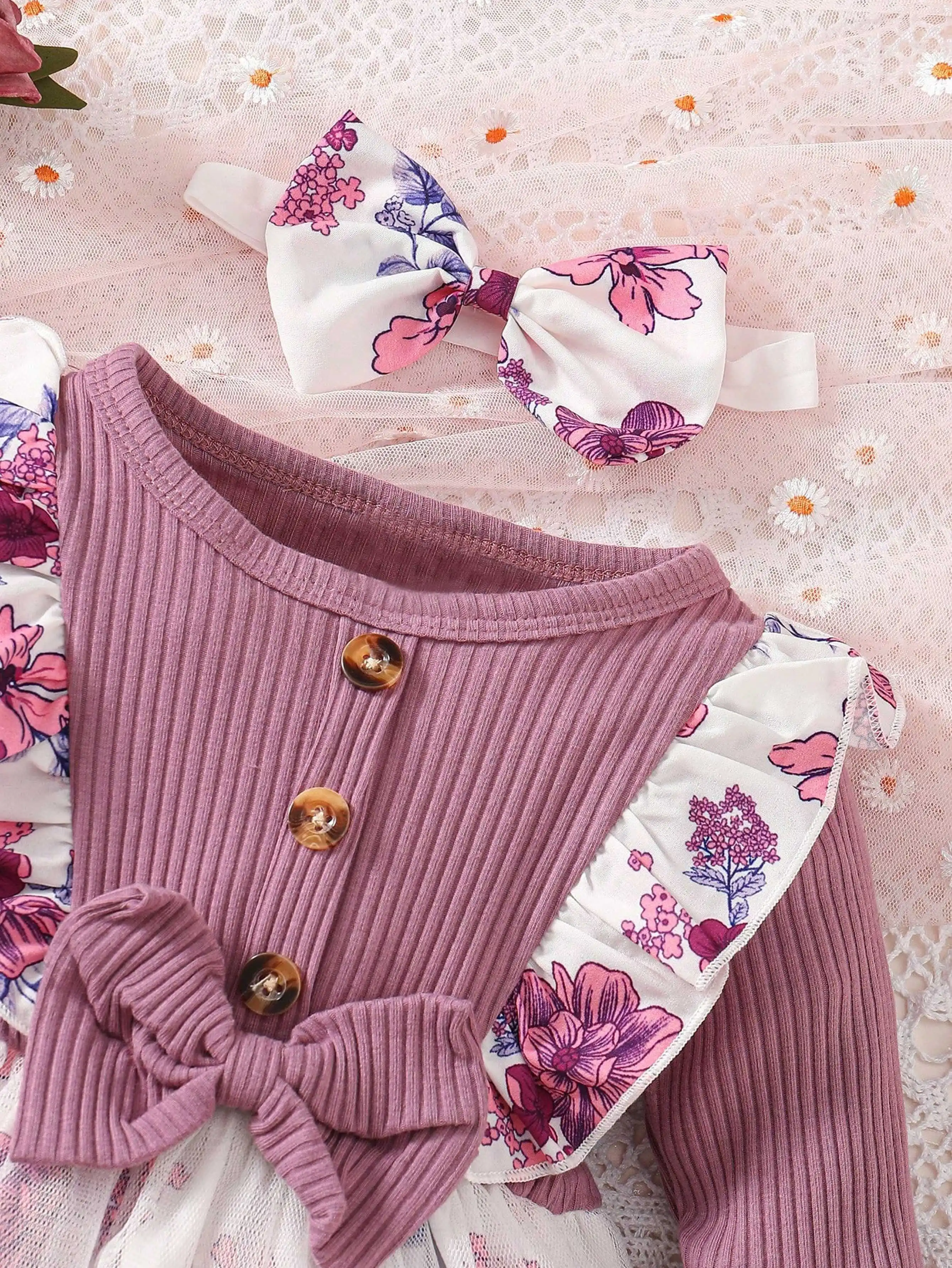 0-2 Year Old Newborn Girl Long sleeved Purple Digital Printed Mesh Bow Headwear Pit Pattern Combed Cotton Dress