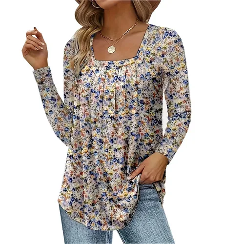 Imagen 2 del producto Camiseta floral de cola de manga larga con cuello cuadrado y volantes versátil para ir al trabajo informal elegante para mujer