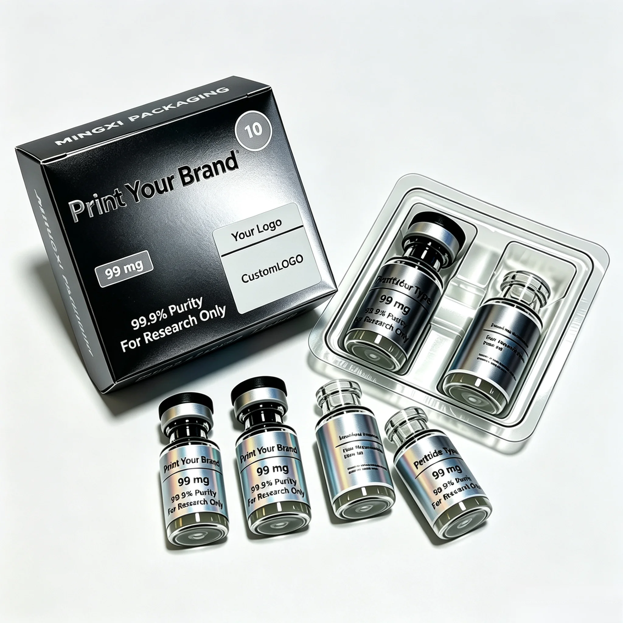 Custom Printed Peptide Vial Labels With Custom Logo,1 Pack Carton Box With Plastic Insert For 3ml 10ml Supplement Vials