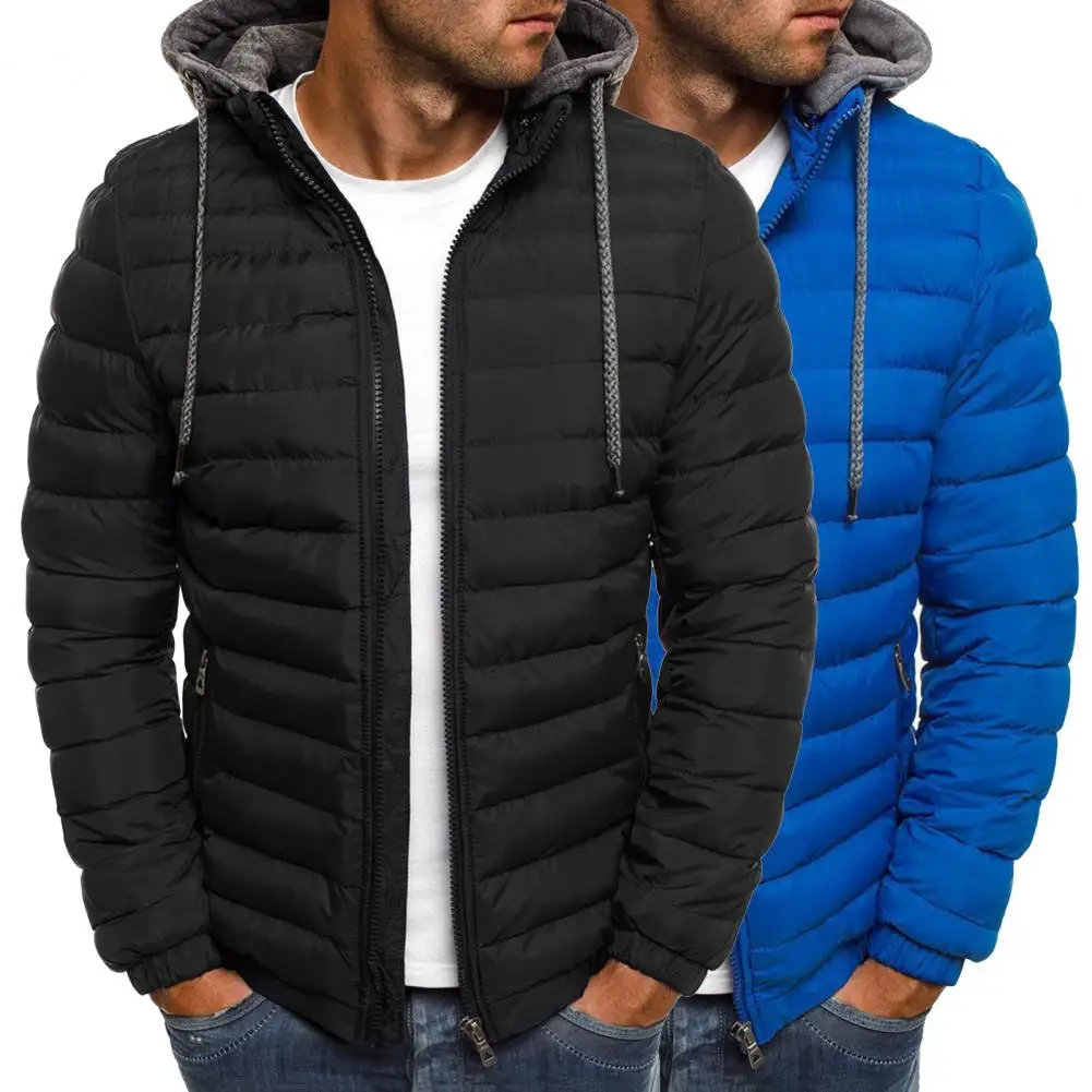 New Oversize Men Detachable Hat Padded Hooded Cardigan Drawstring Winter Thick Warm Jacket Outerwear Top