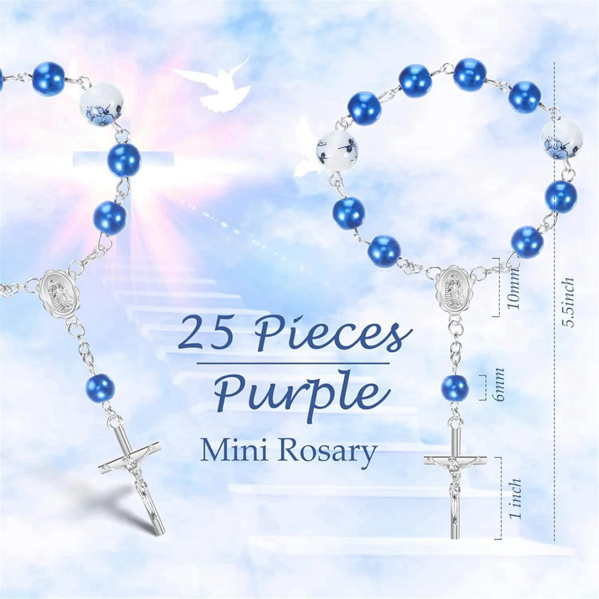 25 Pieces Blue Baptism Rosary Mini Rosaries Small Rosary Party Favors Beaded Finger Rosary with 25 Organza Bags