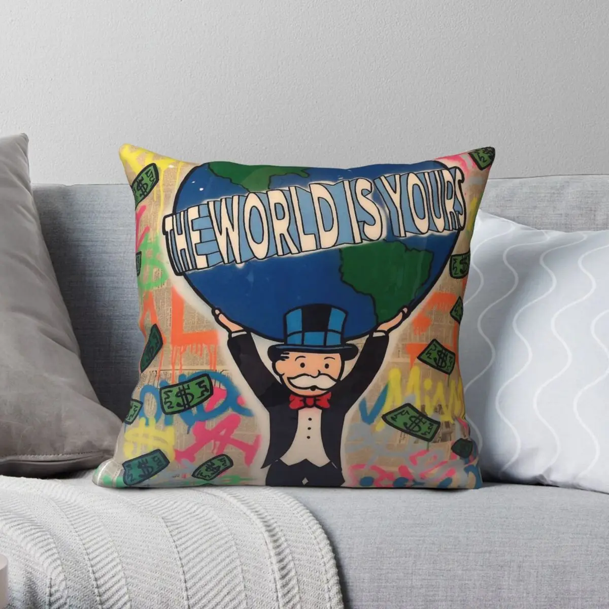 غطاء وسادة مربع مخملي من الكتان والبوليستر الاحتكاري ، غطاء وسادة منزلي مزخرف بسحاب مطبوع ، العالم لك