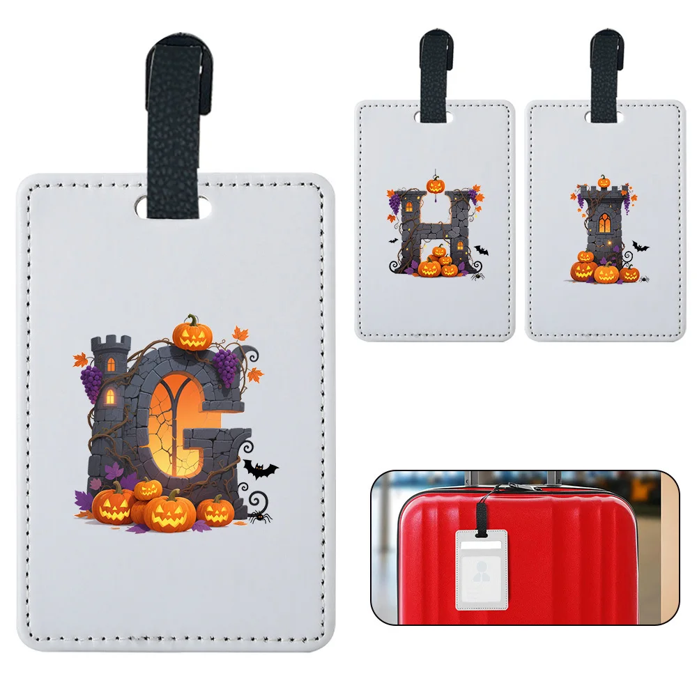 

Creative Luggage Tag Durable PU Leather Sleeve Travel Portable Bag Tag Journey Accessory Halloween Letter Pattern