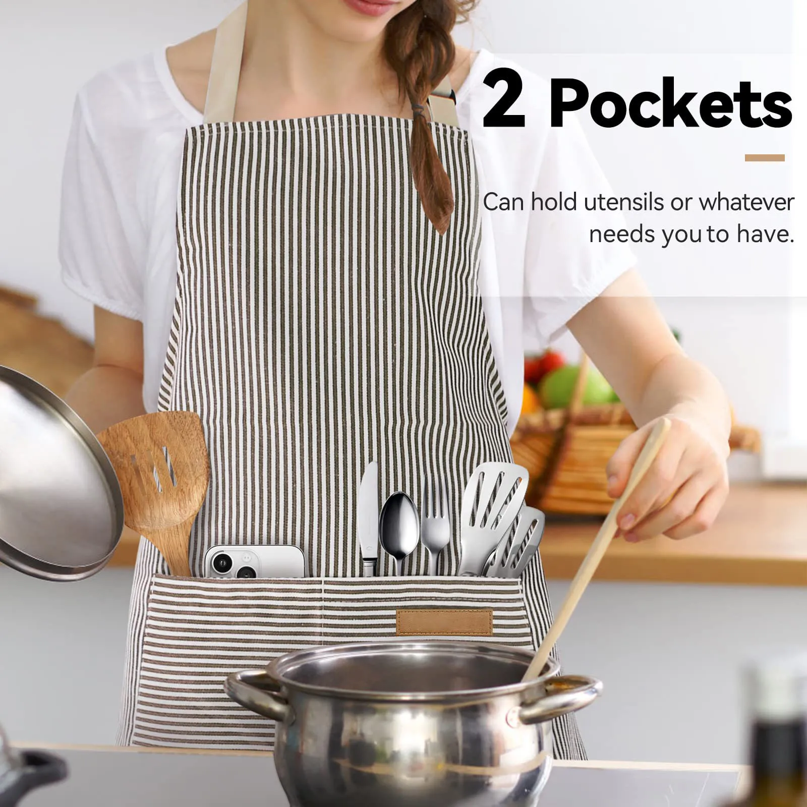 Kitchen Cooking Aprons with Stripes for Men and Women, Adjustable Bib, Soft Chef Apron with 2 Pockets