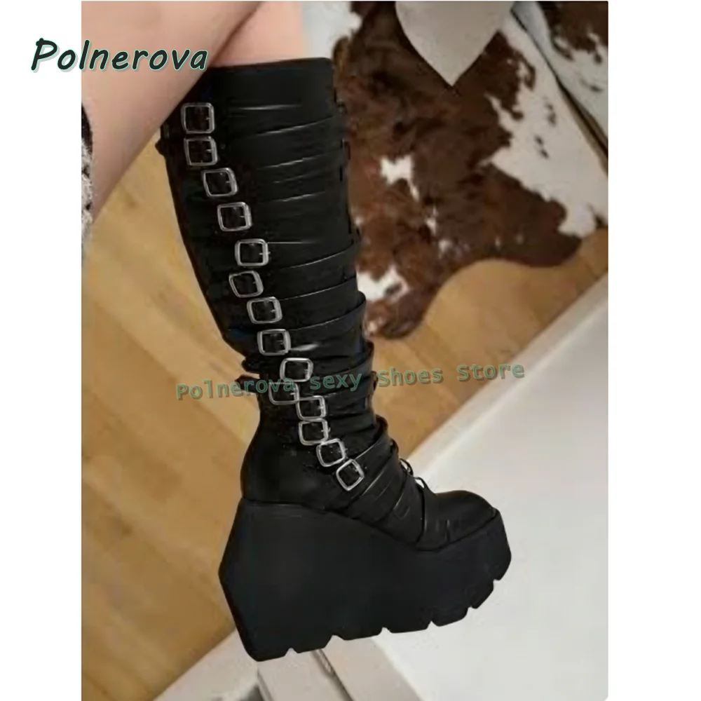 Punk Goth Platform Over The Knee Boots for Women Black Faux Leather Multi Strap Buckle Wedge Sole Alternative Club Party Shoes