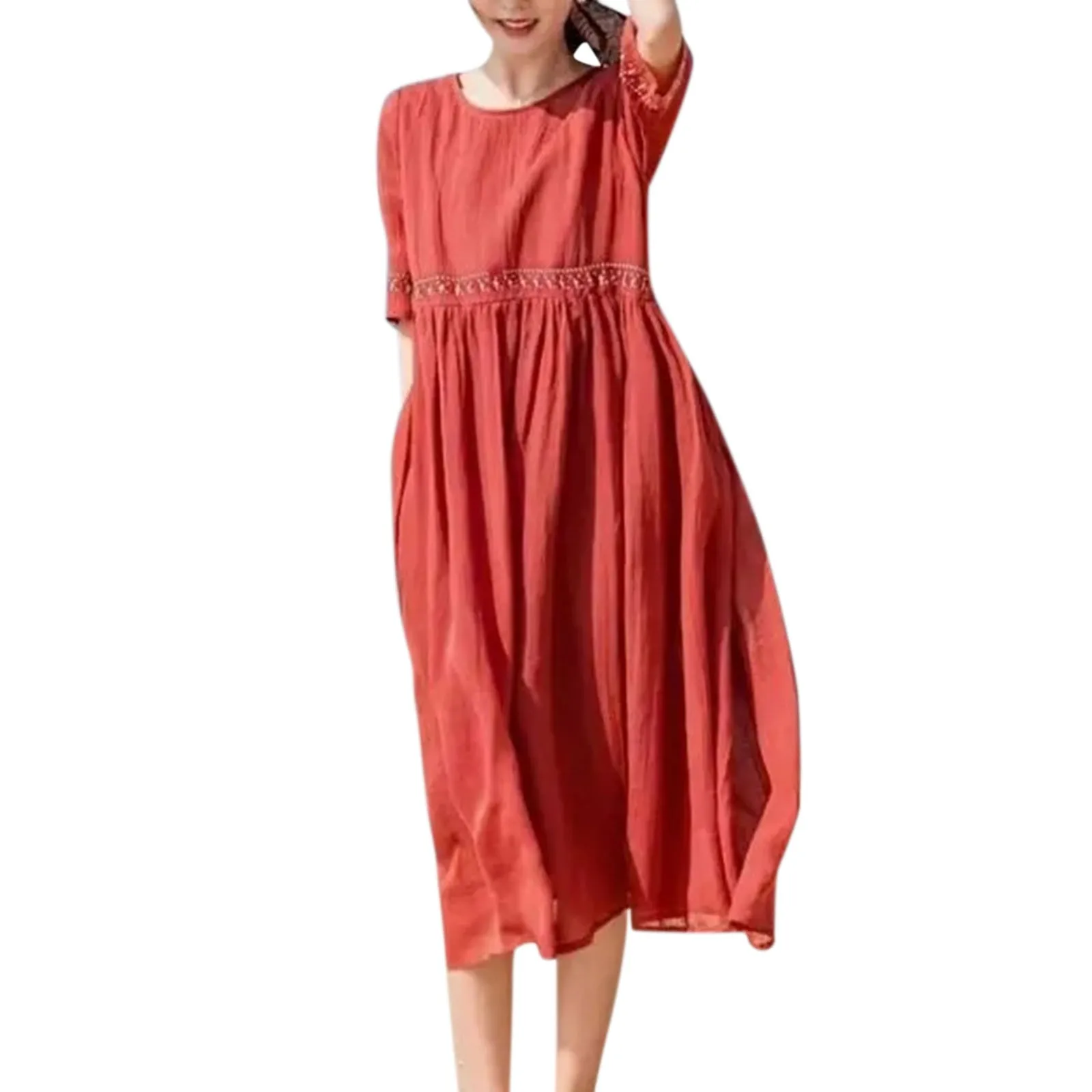 فستان نسائي طويل فضفاض من الكتان والقطن ، فساتين عتيقة غير رسمية ، أكمام قصيرة ، ملابس أنيقة ، الربيع ، الصيف