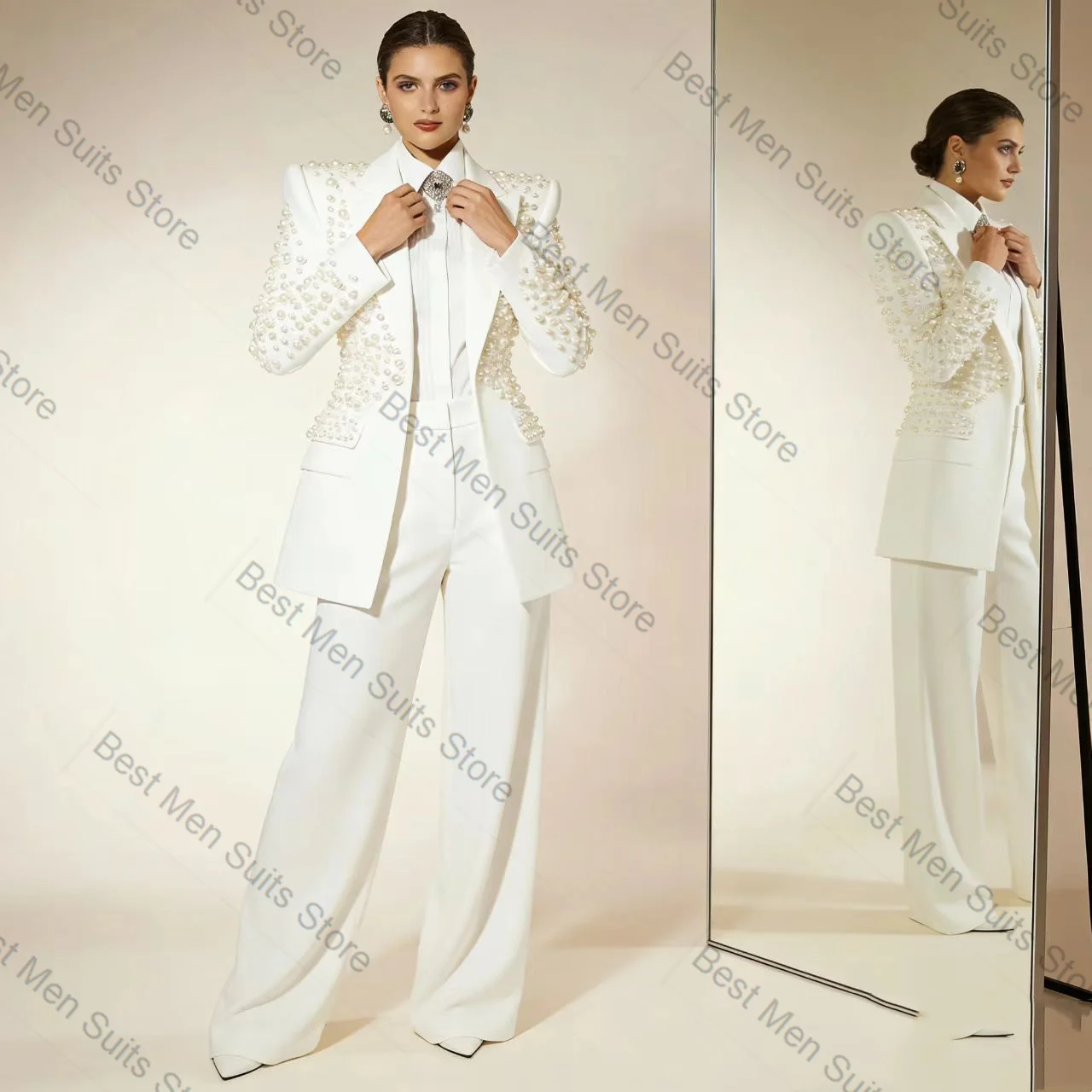 

White Luxury Pearls Women Suit Set 2 Pcs Blazer Pants Trousers Formal Office Jacket Customized Wedding Tuxedo Guest Coat