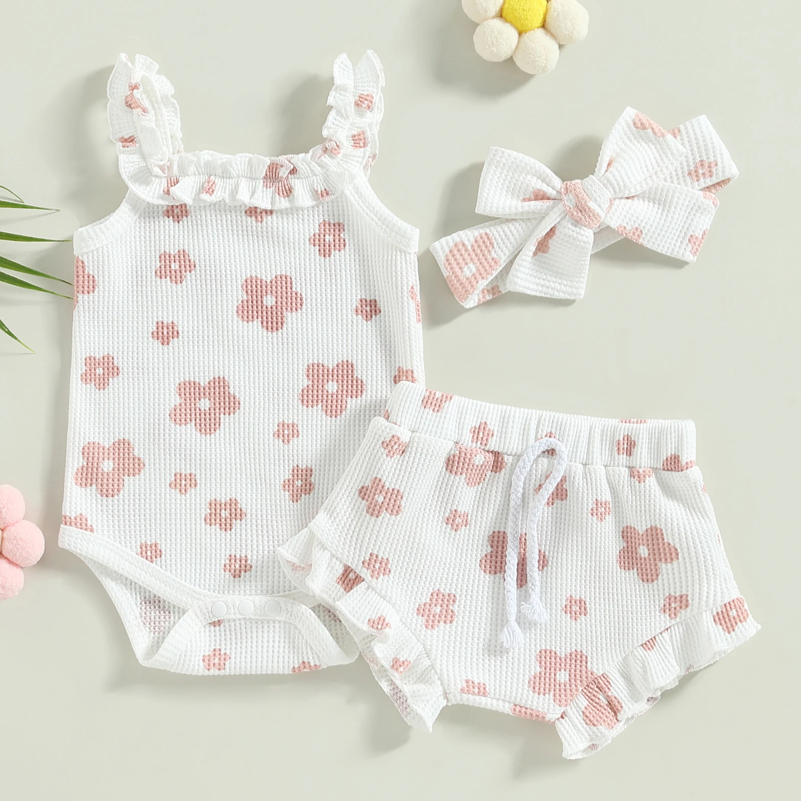 Infant Newborn Baby Girls 3Pcs Summer Outfits, Floral Sleeveless Strap Romper + Shorts + Headband Set 0-18M