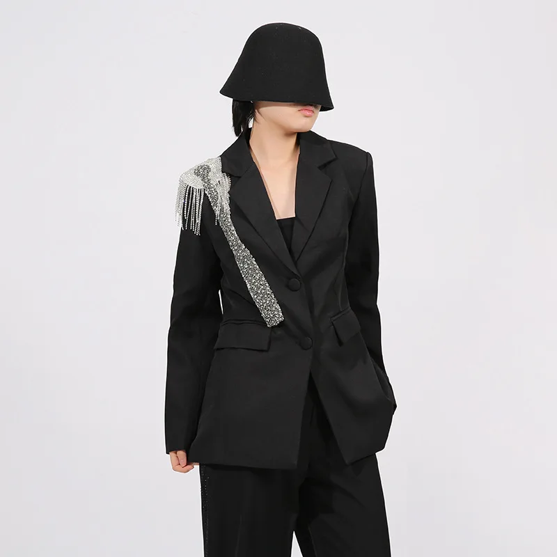 French Elegant Commuting Office Lady Jacket Coat Heavy Industry Diamond Bead Single-Breasted Slim Versatile Black Blazers Women