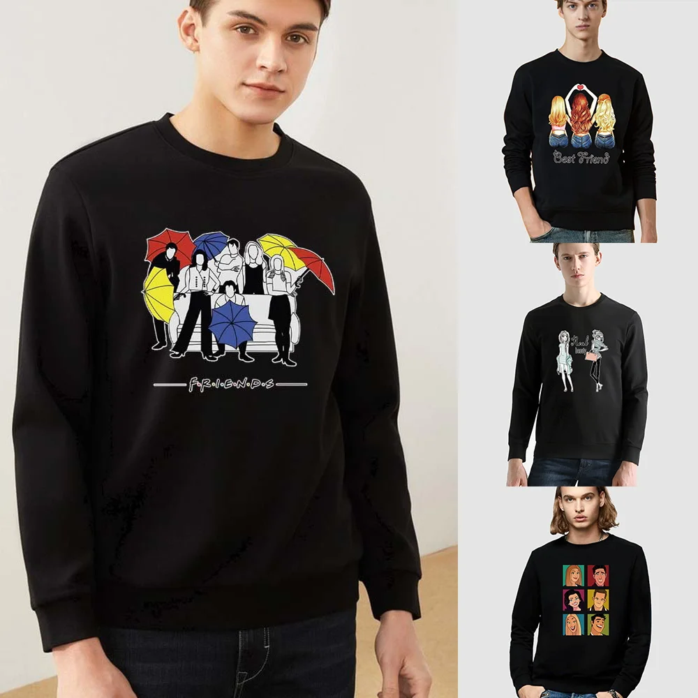 

Autumn Men's Clothing Cartoon Friend Print Series Long-sleeved Sweater Fashion Black Pullover O-neck Casual Warm Commuter Hoodie